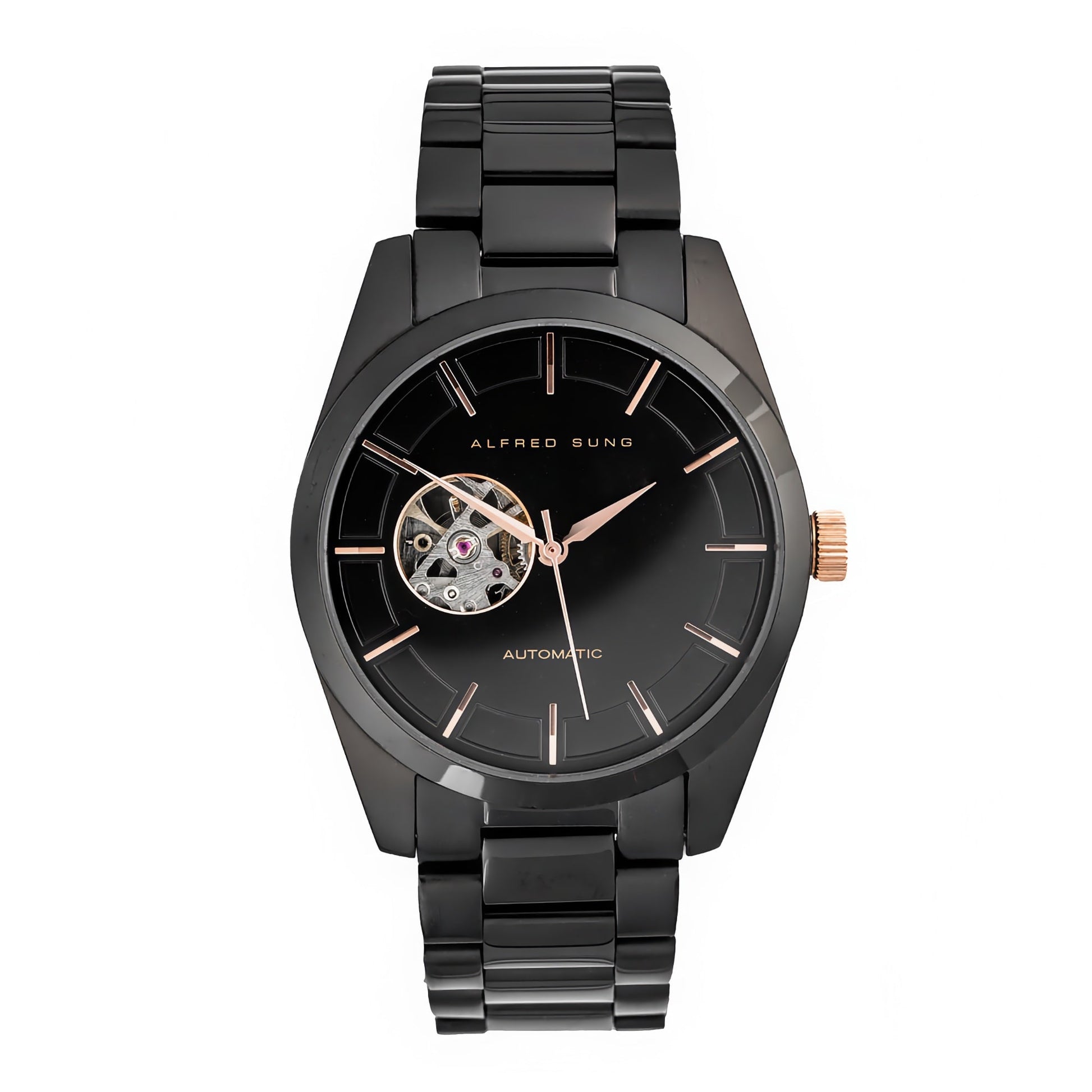 Alfred Sung Automatic Men's Watch: Black bracelet, round face, visible gears, rose gold accents, silver case.