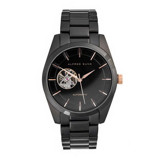 Alfred Sung Automatic Men's Watch: Black bracelet, round face, visible gears, rose gold accents, silver case.