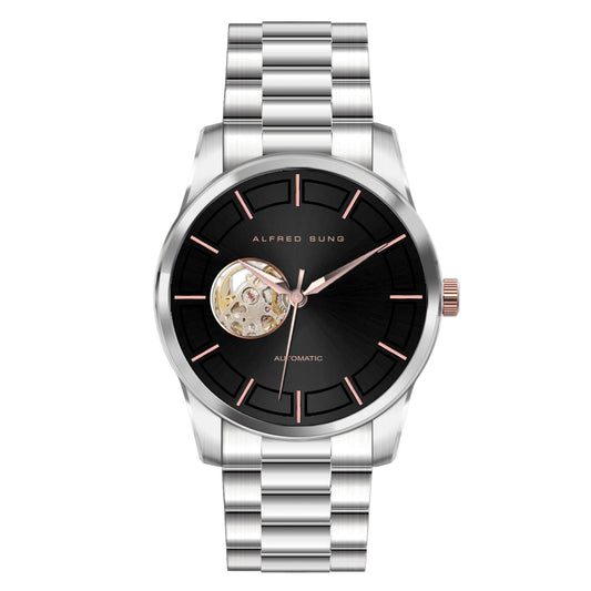 Alfred Sung men's watch: automatic black dial, rose gold markers, open heart, silver stainless steel bracelet.