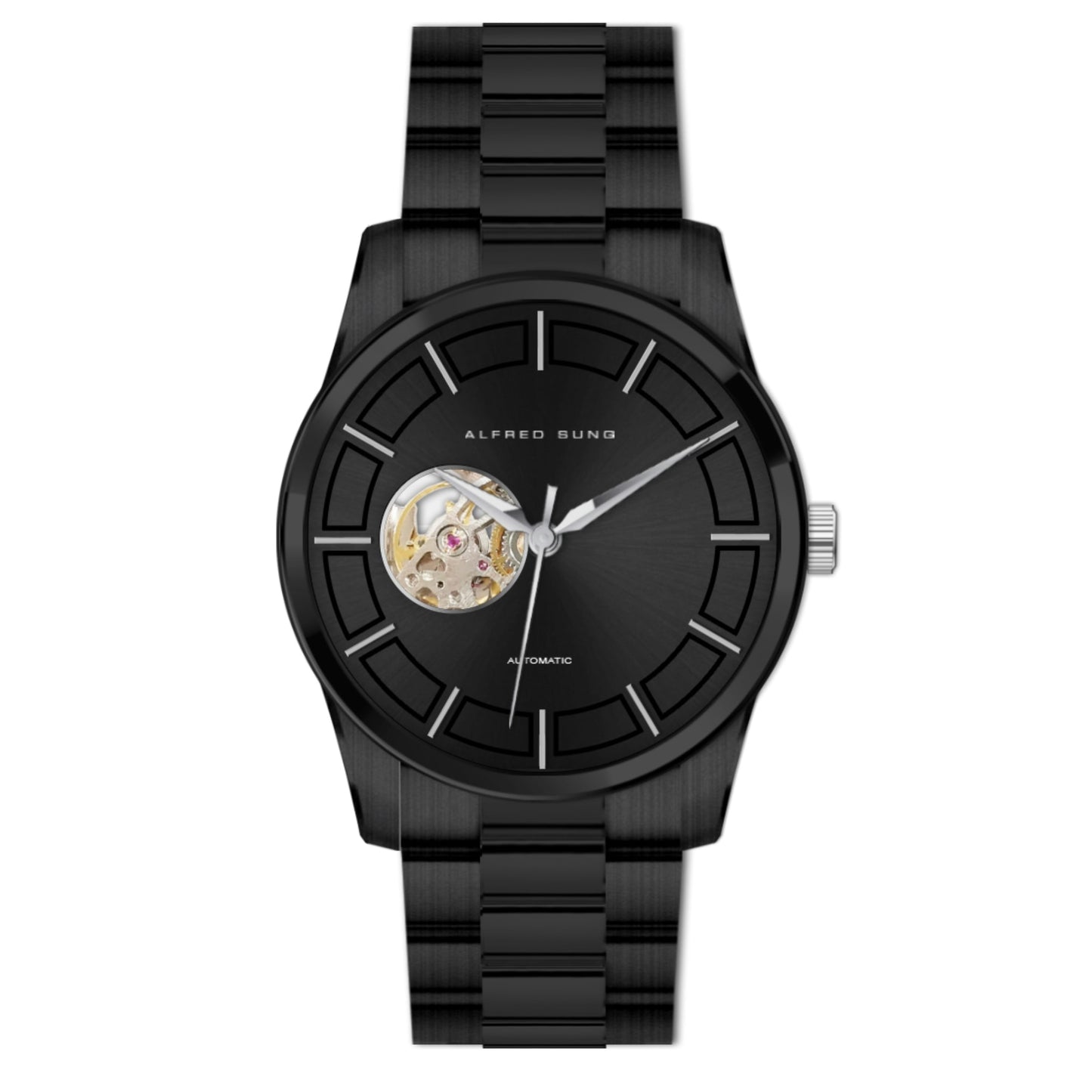 Alfred Sung Automatic Men's watch: Black bracelet, open heart dial, minimalist design.