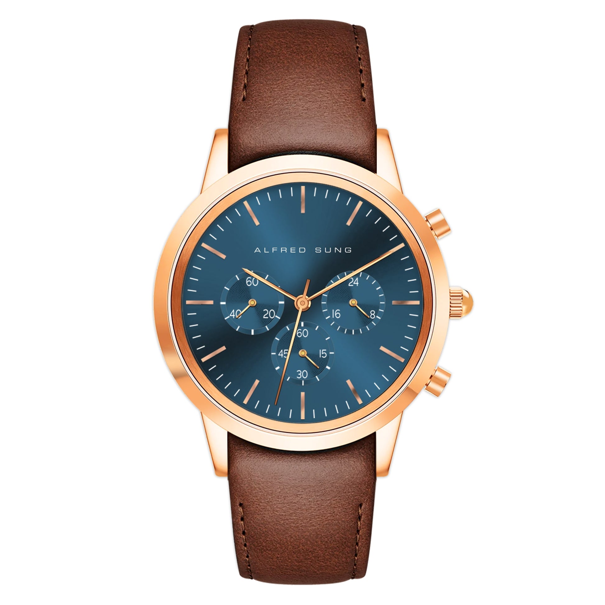 Alfred Sung Chronograph Blue Sunray Dial Brown Leather Strap Men's watch, , , , Goodwatch fashion & trendy watches