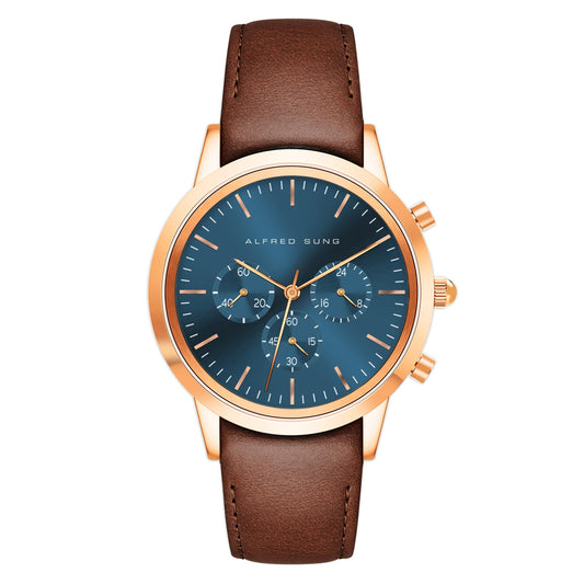 Alfred Sung Chronograph Blue Sunray Dial Brown Leather Strap Men's watch, , , , Goodwatch fashion & trendy watches