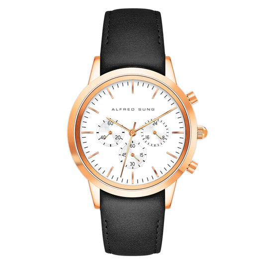 Alfred Sung men's chronograph with a white sunray dial, black leather strap, and a rose gold case.