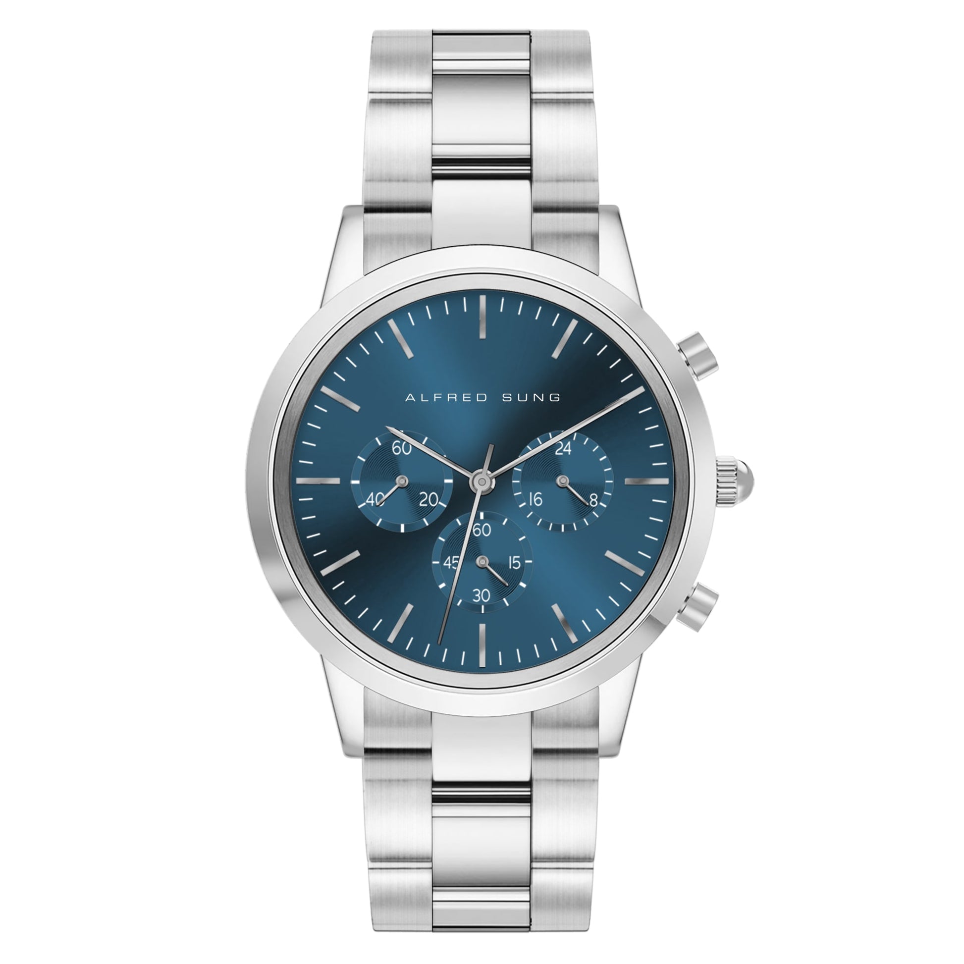 Alfred Sung Chronograph Men's watch: Blue Sunray Dial, Silver Bracelet, Japanese movement for precise timekeeping.