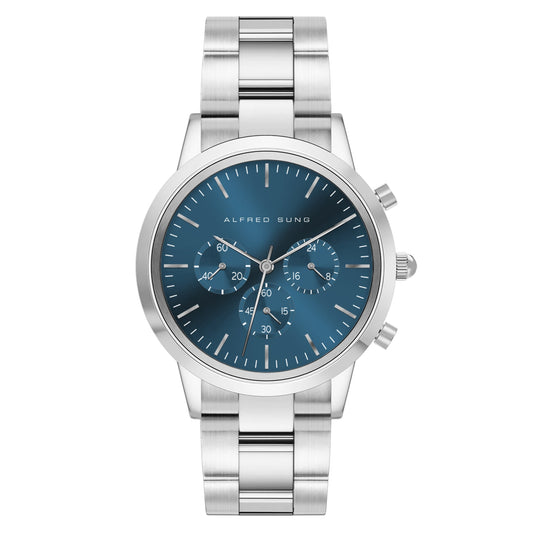 Alfred Sung Chronograph Men's watch: Blue Sunray Dial, Silver Bracelet, Japanese movement for precise timekeeping.