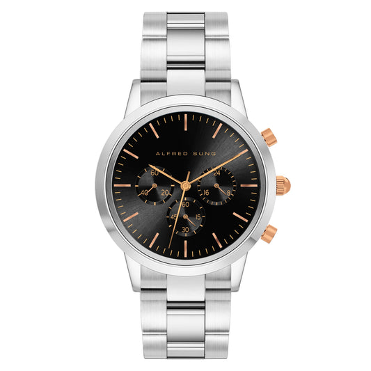 Alfred Sung Chronograph Men's watch: Black sunray dial, silver bracelet, gold markers & Japanese movement.