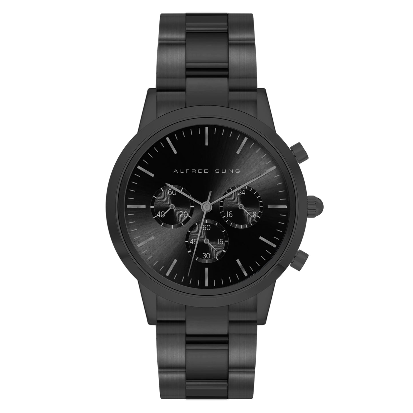 The Alfred Sung men's chronograph features a black sunray dial and bracelet, with Japanese movement and three subdials.