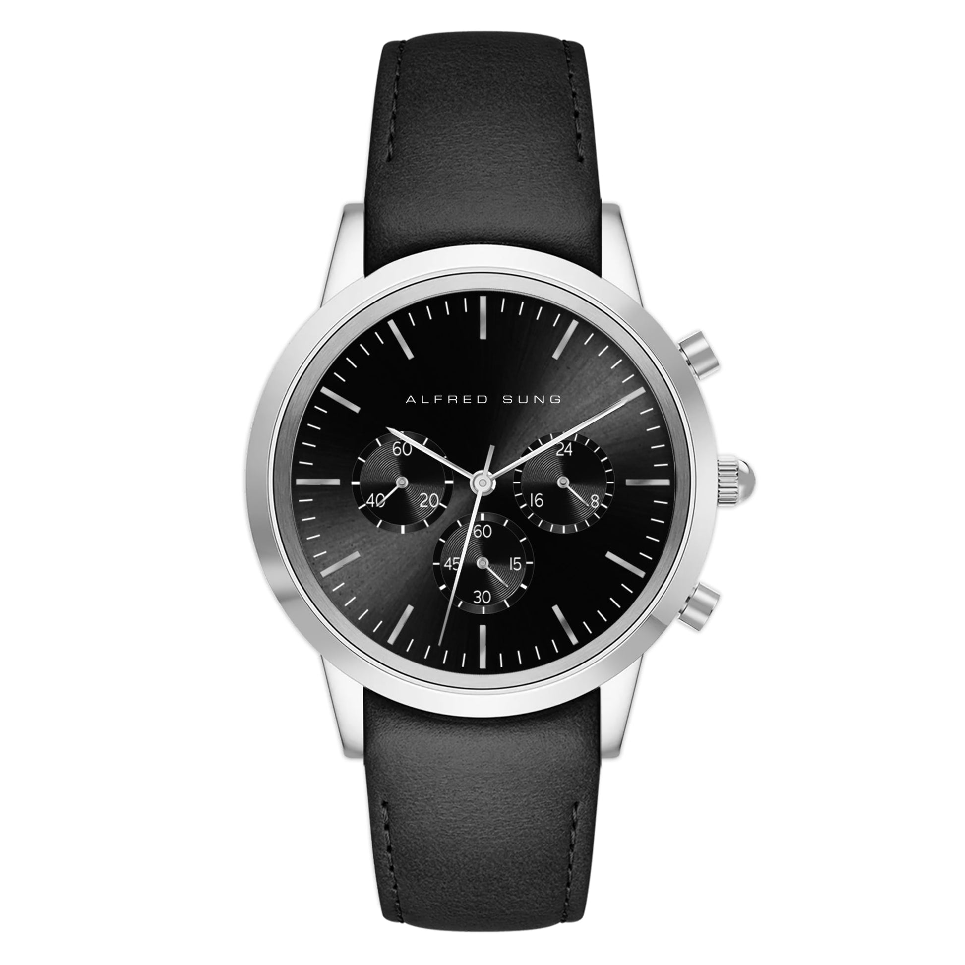 Alfred Sung Chronograph men's watch: black dial, Italian leather strap, Japanese movement, silver markings.