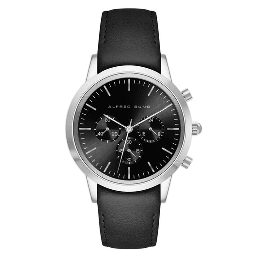 Alfred Sung Chronograph men's watch: black dial, Italian leather strap, Japanese movement, silver markings.