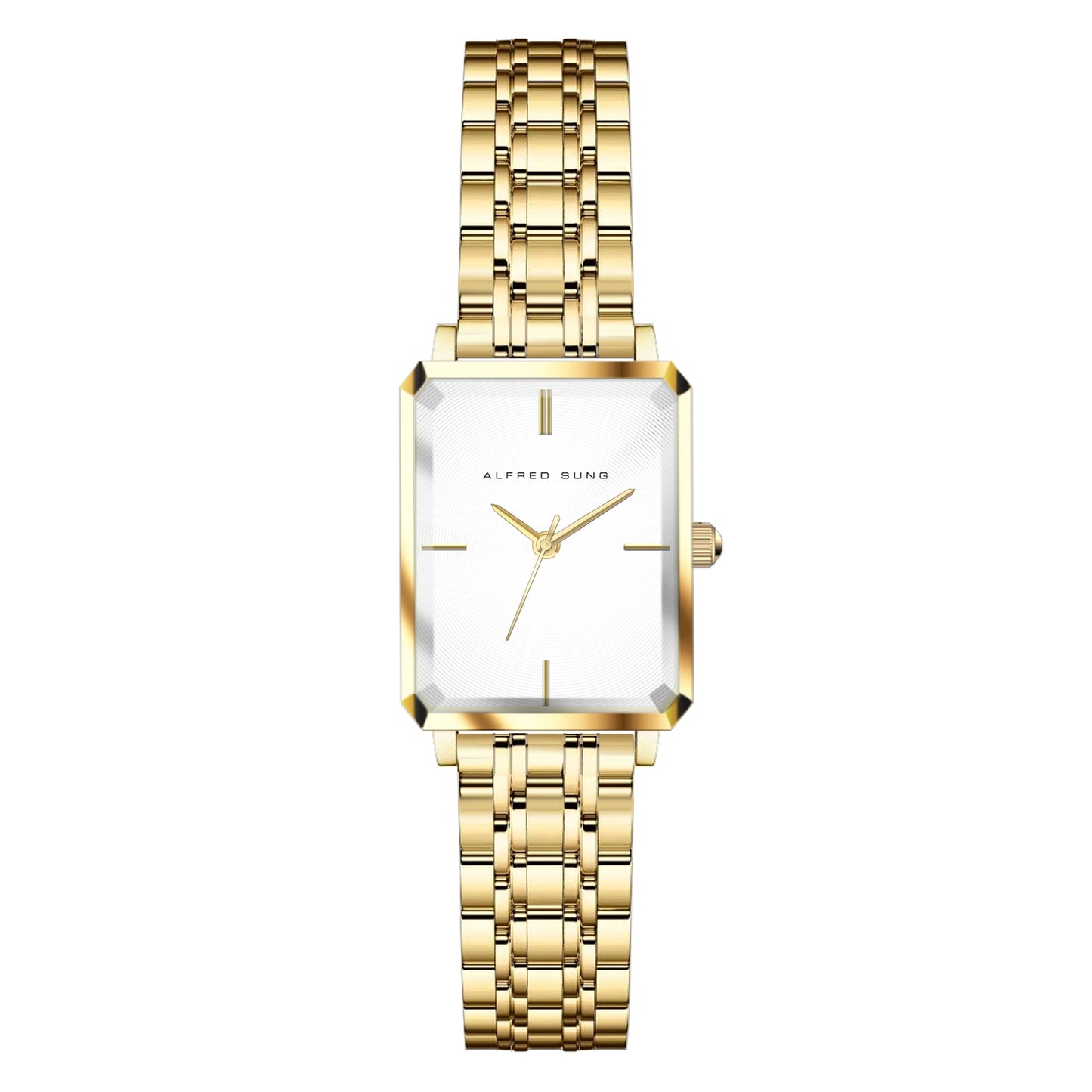 Alfred Sung Octavia watch: square white dial, gold bracelet, minimalist design, and Japanese movement.