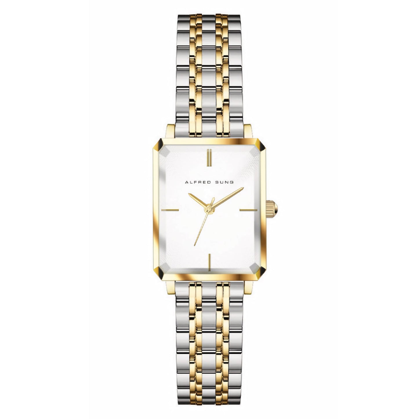 Alfred Sung Octavia ladies watch: white dial, two-tone bracelet, minimalist design with Japanese movement.