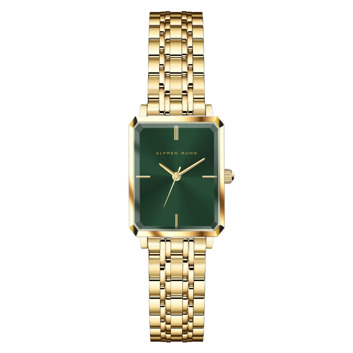 Alfred Sung Octavia green dial, gold bracelet watch featuring a Japanese movement and rectangular face.