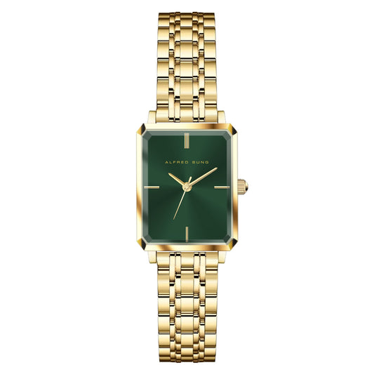 Alfred Sung Octavia green dial, gold bracelet watch featuring a Japanese movement and rectangular face.