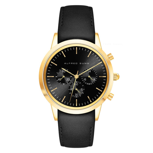 Alfred Sung Chronograph: Gold case, black sunray dial, and black leather strap with three subdials.