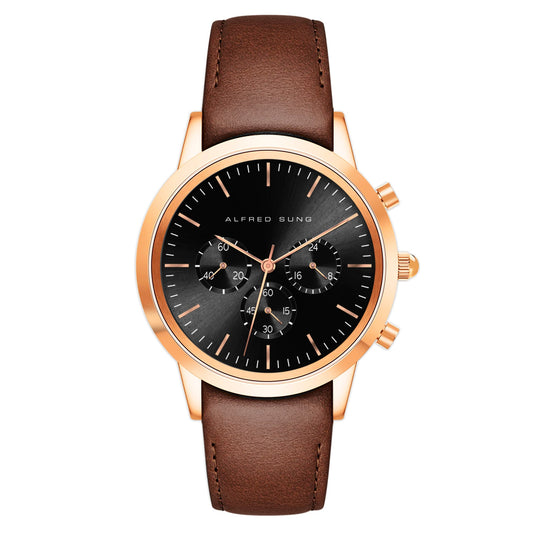 Alfred Sung Chronograph men's watch with rosegold case, black dial, subdials, and brown leather strap.