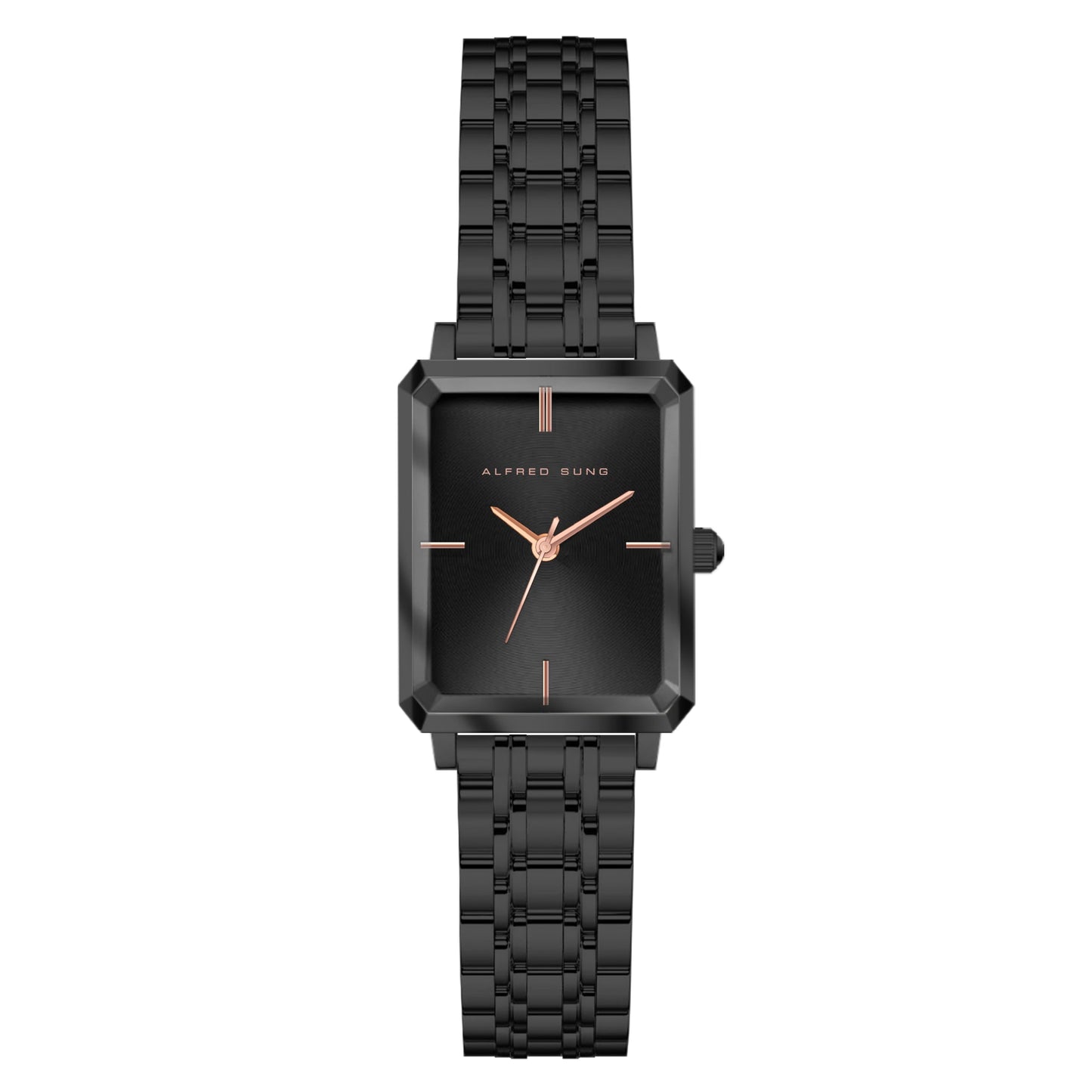 Alfred Sung Octavia ladies watch: sleek black dial, gold accents, minimalist style with a black stainless steel bracelet.