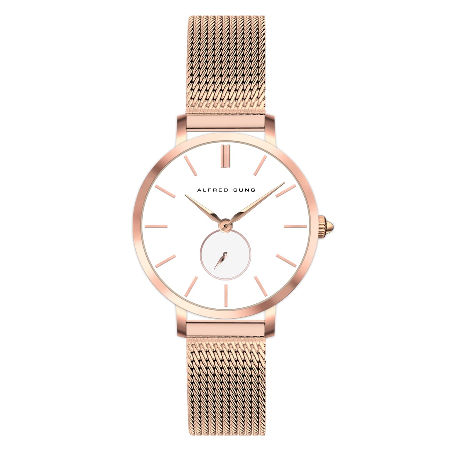 The Alfred Sung Serenity watch has a sunray white dial, rosegold bracelet, minimalist markers, and Japanese movement.