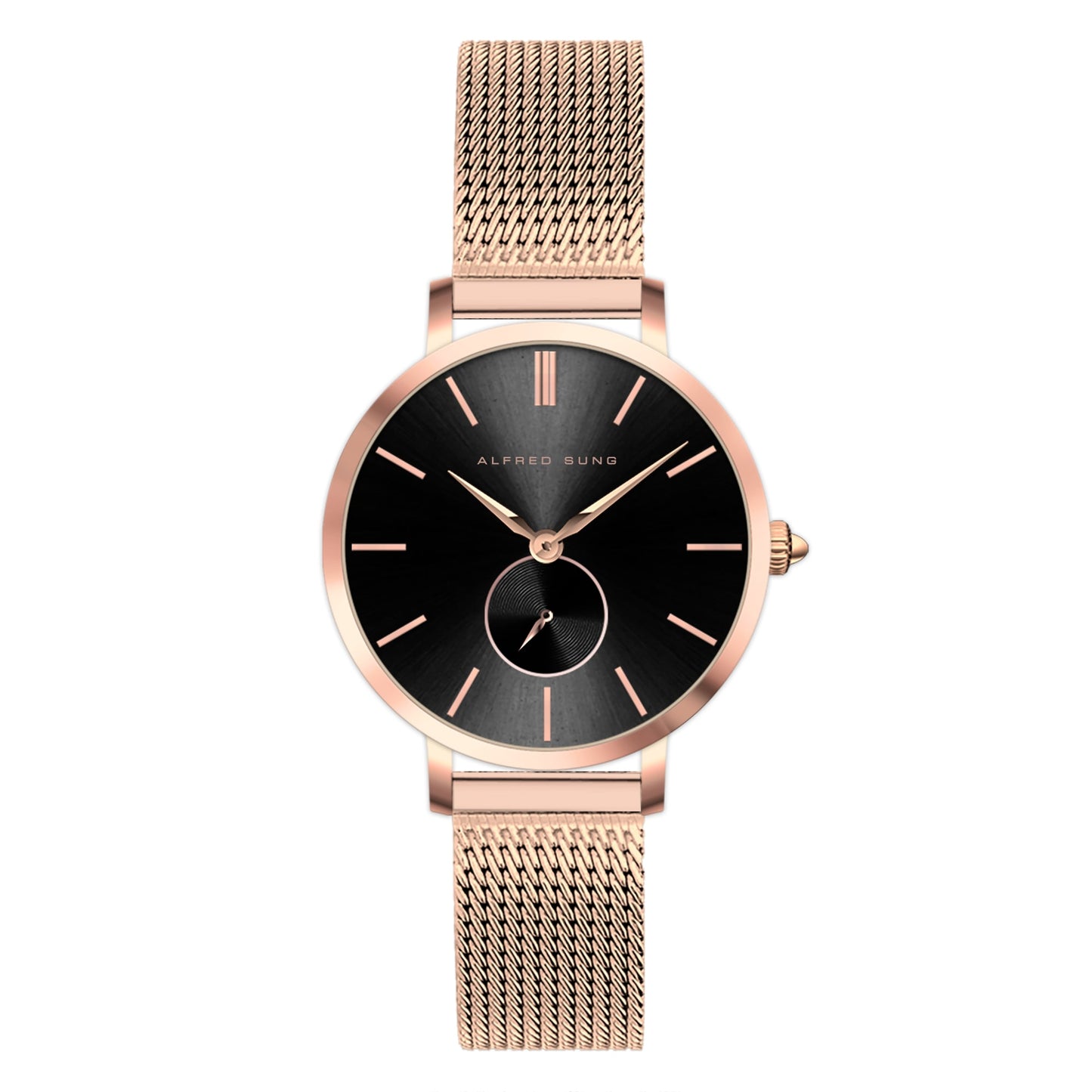 Alfred Sung Serenity Ladies watch: Rosegold bracelet, black dial, minimalist markers, Japanese movement.