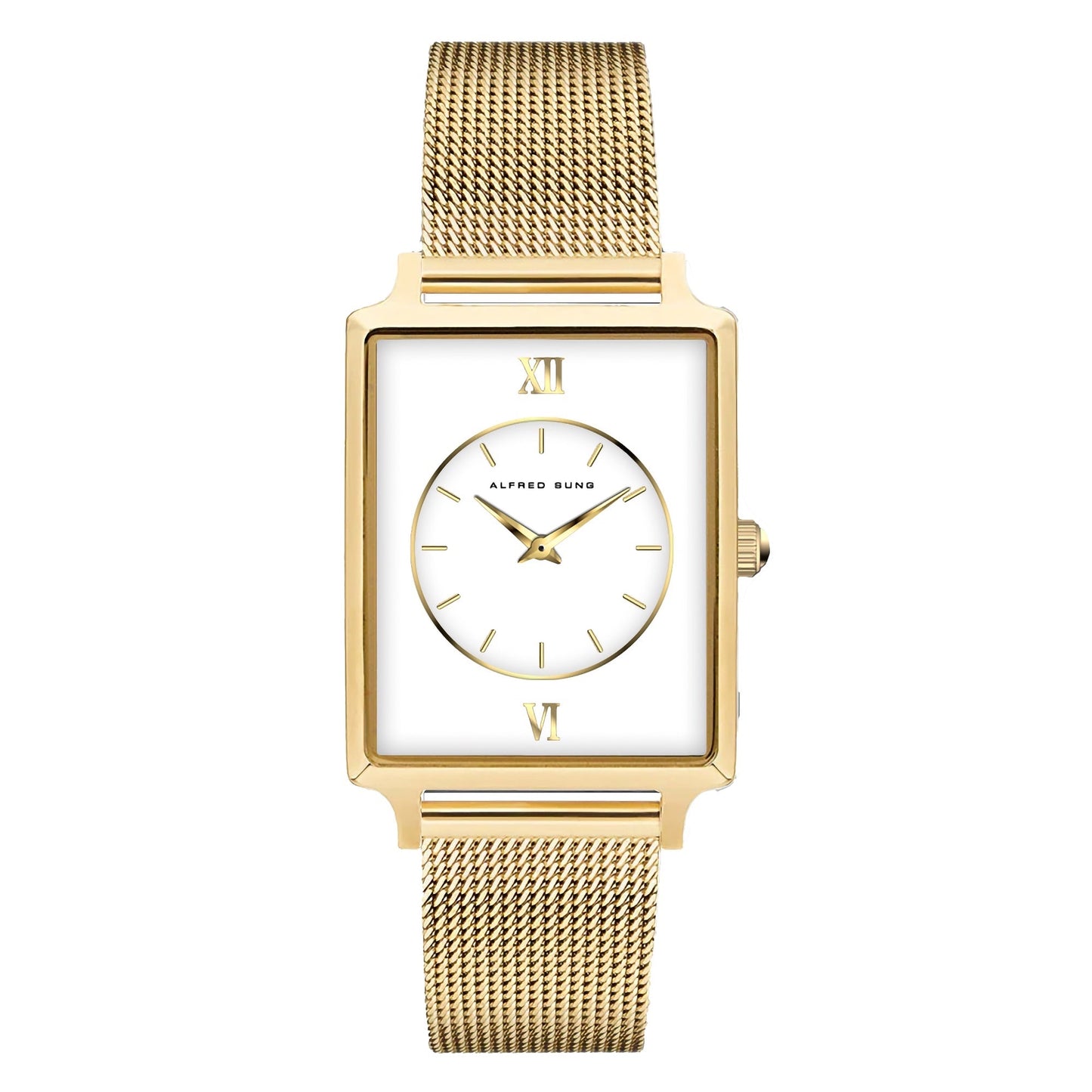 Alfred Sung ladies' gold watch: rectangular white dial, gold indices, mesh band, and precise Japanese movement.