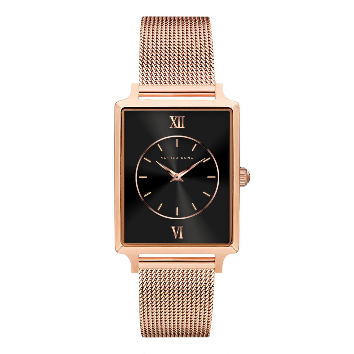 Alfred Sung Horizon Sunray Black Dial Rose Gold Bracelet Ladies Watch: sleek design with Japanese movement and mesh band.