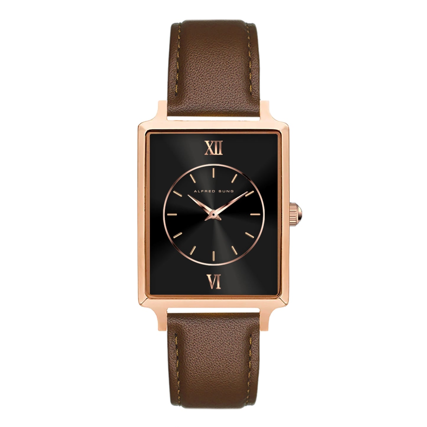 Alfred Sung Horizon Sunray Ladies Watch: Rectangular rosegold case, brown leather strap, black dial, Roman numerals.