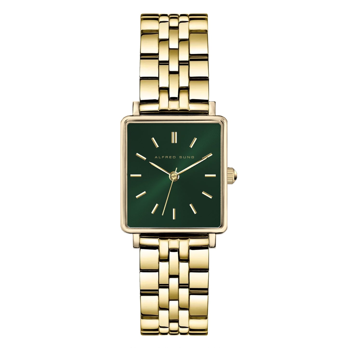 Alfred Sung Harmony ladies watch with sunray green dial, gold case, link bracelet, Japanese movement.