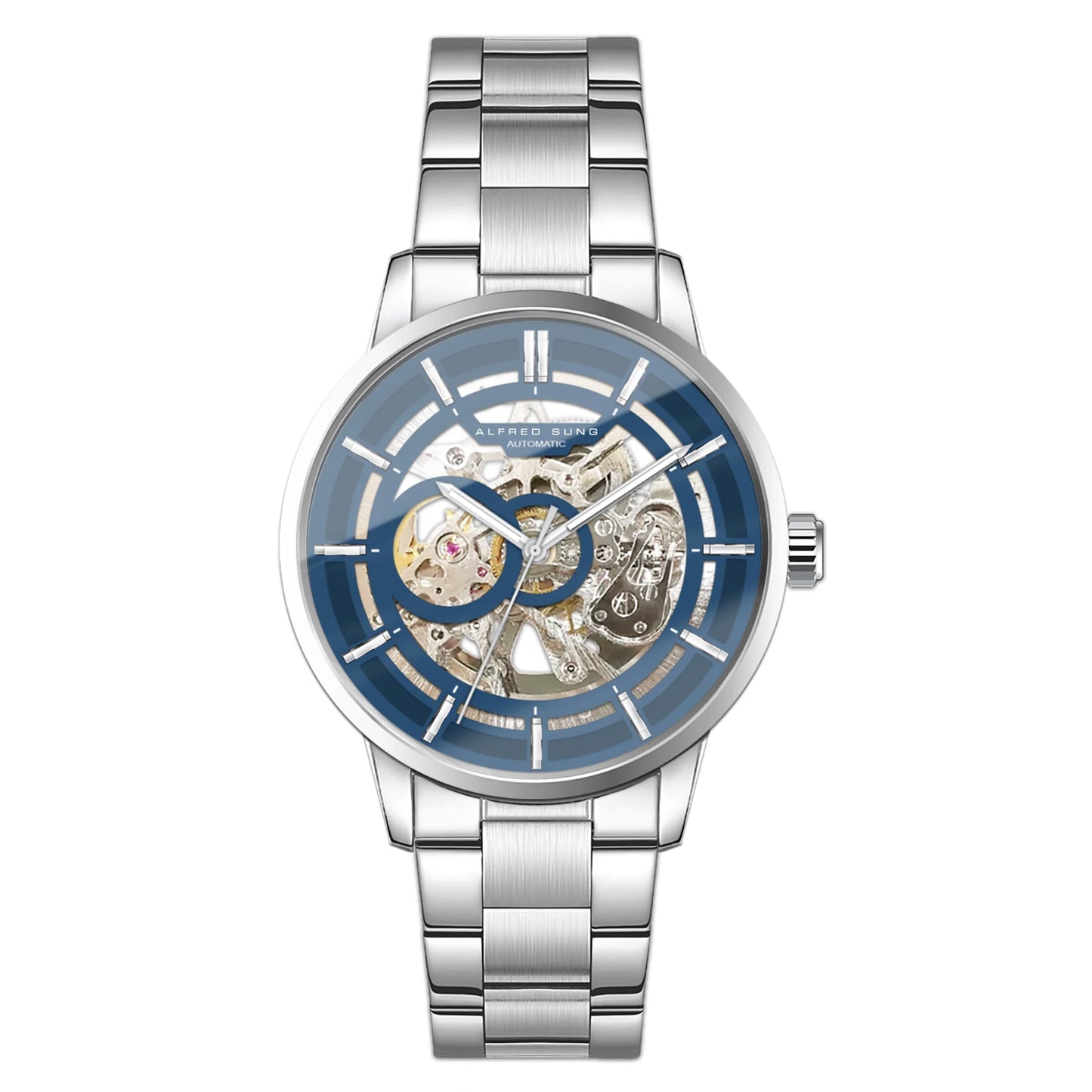 The Alfred Sung Automatic III features a blue skeleton dial with visible gears on a silver bracelet strap.