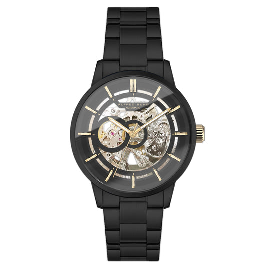 Alfred Sung Automatic III men's watch with black skeleton dial, mechanical workings, and gold accents.