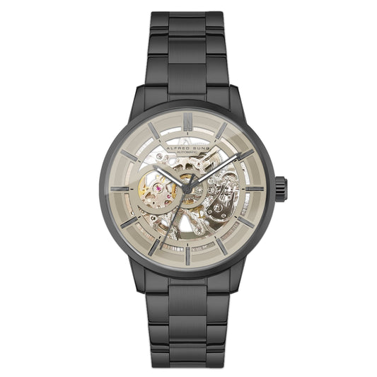 Alfred Sung Automatic III men's watch with grey skeleton dial, gunmetal case, metallic strap.