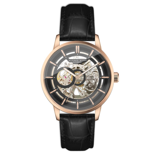 Alfred Sung Automatic III men's watch features a black leather strap, skeleton dial, and rosegold case.