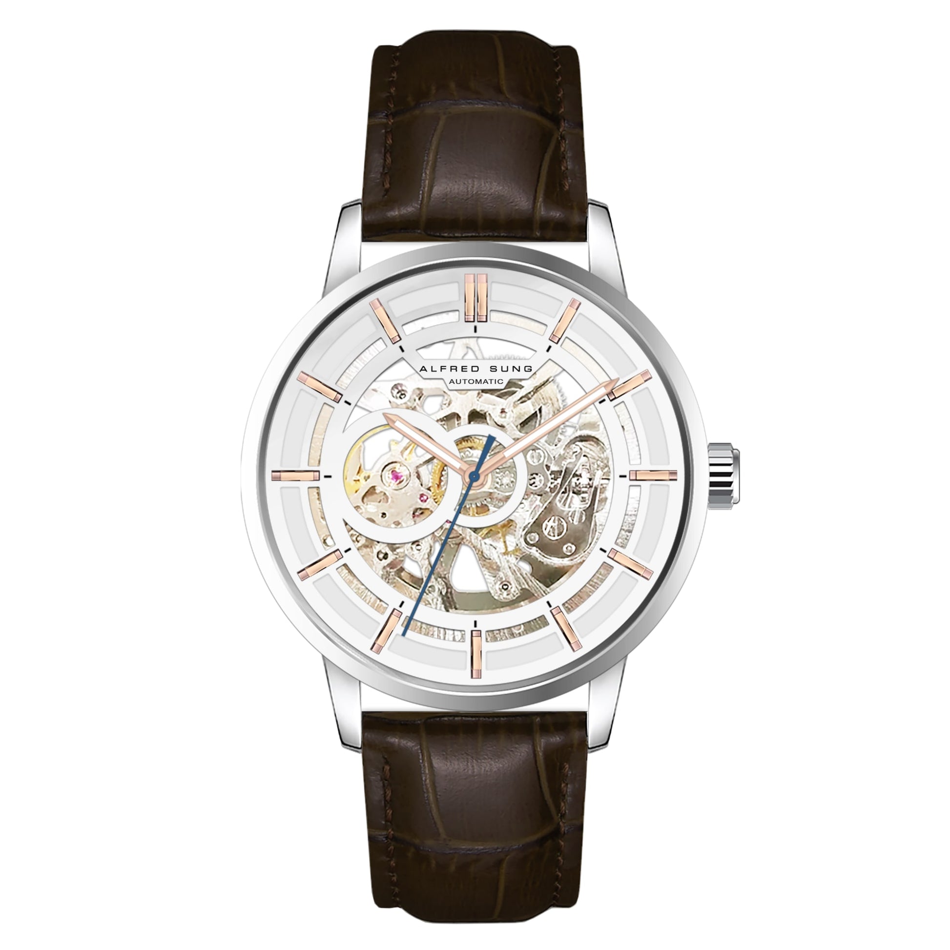 Alfred Sung Automatic III Men’s watch boasts a white skeleton dial with a brown leather strap and visible mechanics.