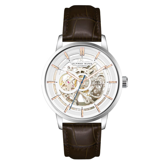 Alfred Sung Automatic III Men’s watch boasts a white skeleton dial with a brown leather strap and visible mechanics.