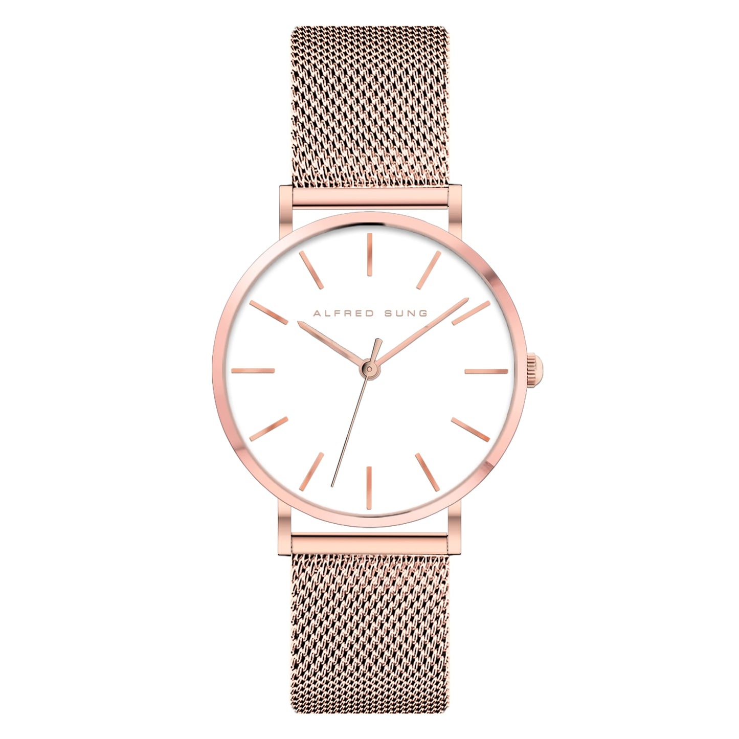 Alfred Sung Muse Ladies Watch: white dial, rosegold bracelet, Japanese movement for precision.