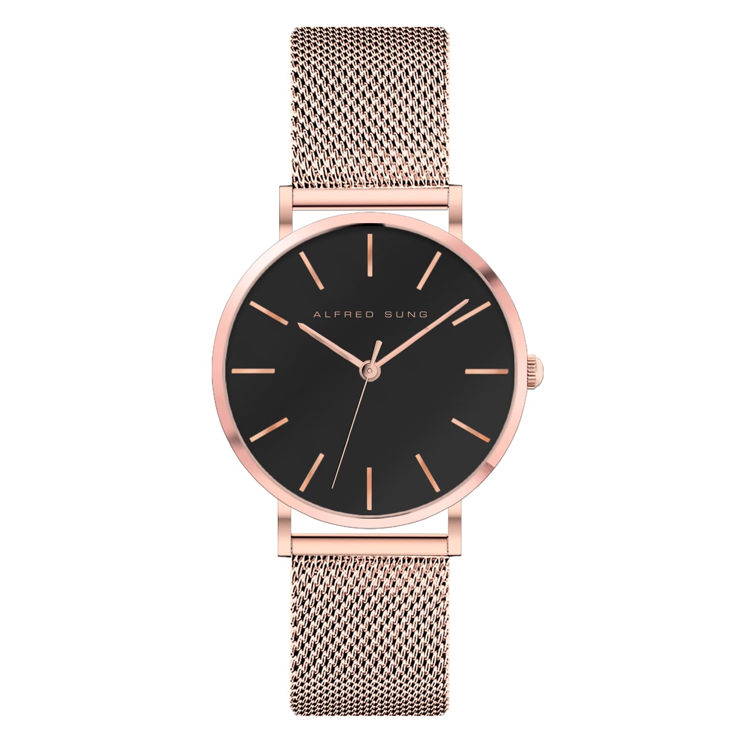 Alfred Sung Muse ladies watch: black dial, rosegold bracelet, and case.