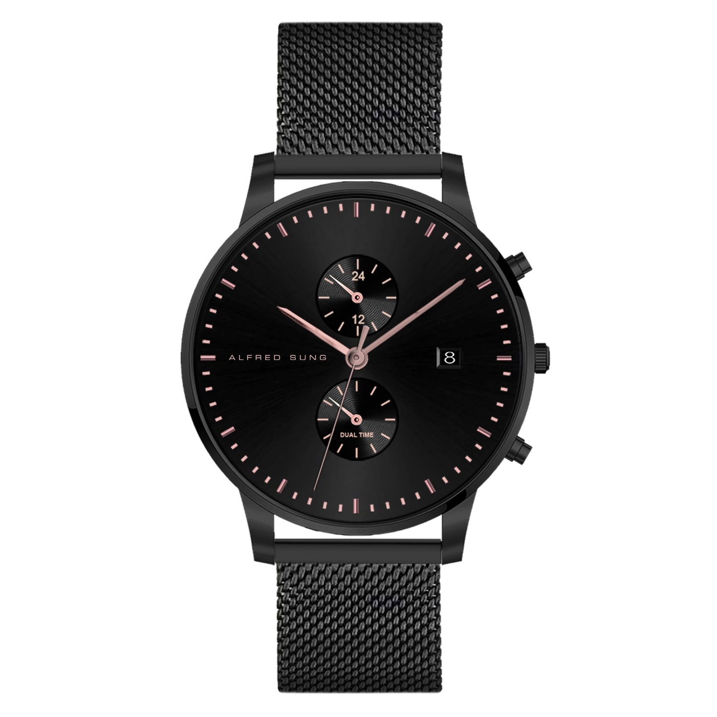 Alfred Sung Dual Time & Date watch: Black dial, black mesh band, dual dials, rose gold markers.
