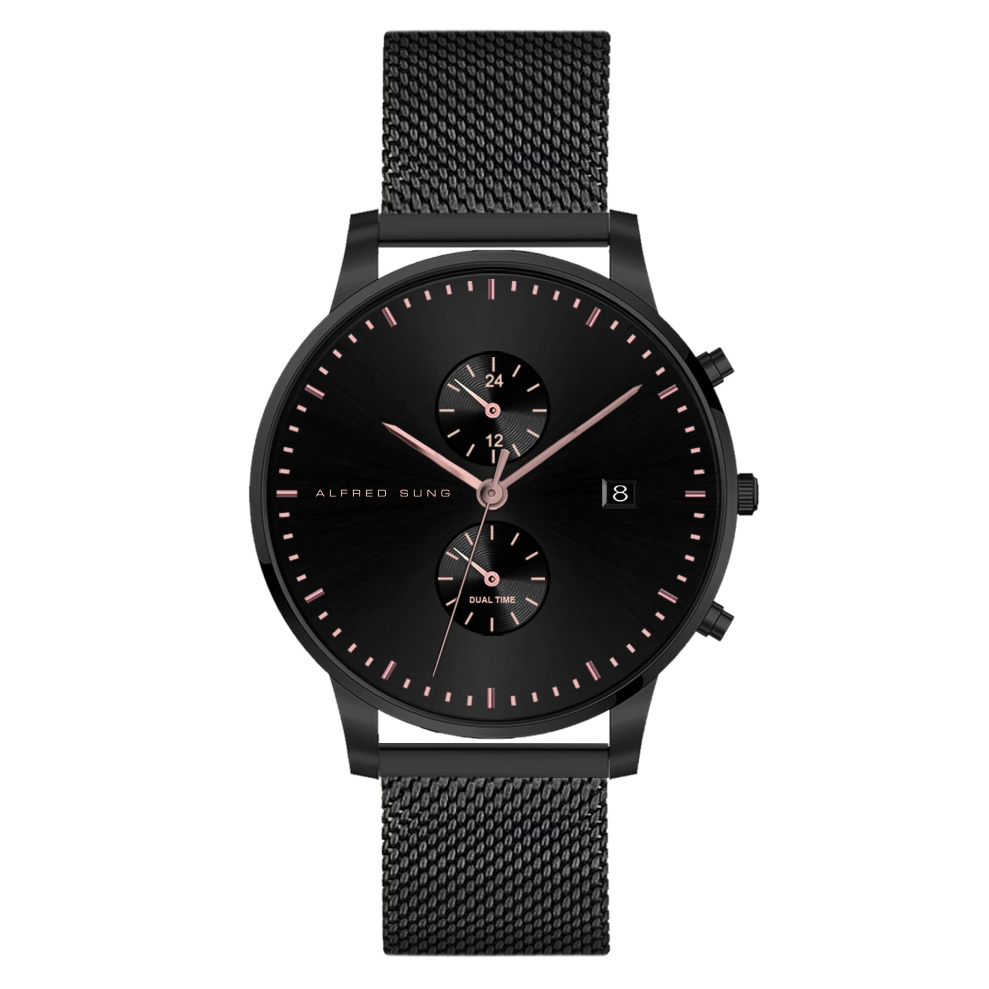 Alfred Sung Dual Time & Date watch: Black dial, black mesh band, dual dials, rose gold markers.