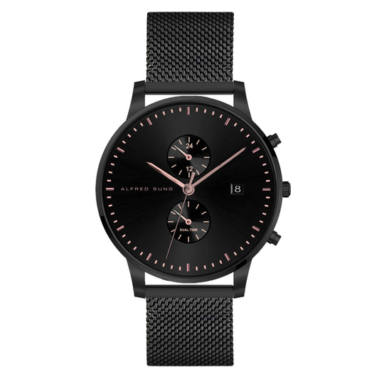 Alfred Sung Dual Time & Date watch: Black dial, black mesh band, dual dials, rose gold markers.