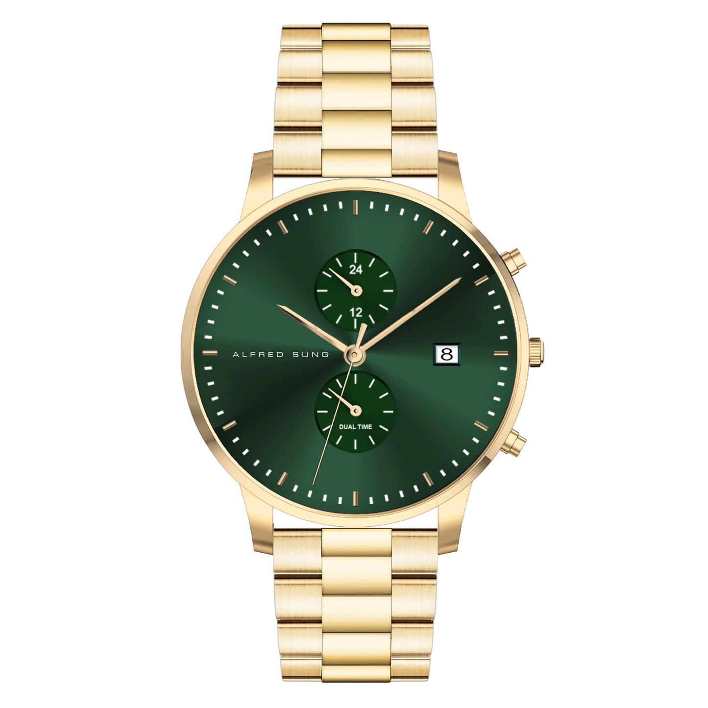 Alfred Sung Dual Time Gold watch features a green dial, dual dials, date display, and link bracelet.