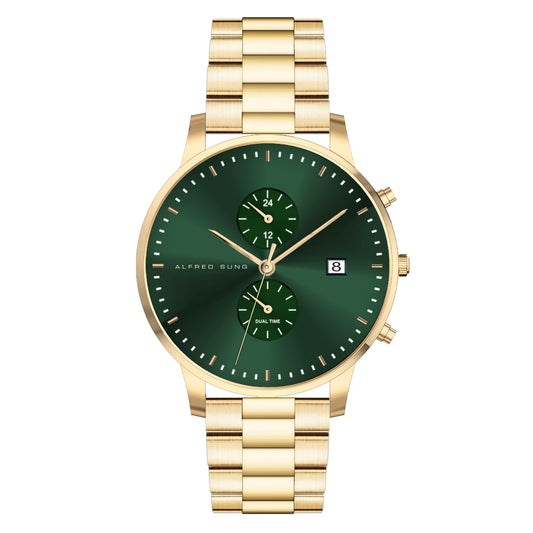 Alfred Sung Dual Time Gold watch features a green dial, dual dials, date display, and link bracelet.