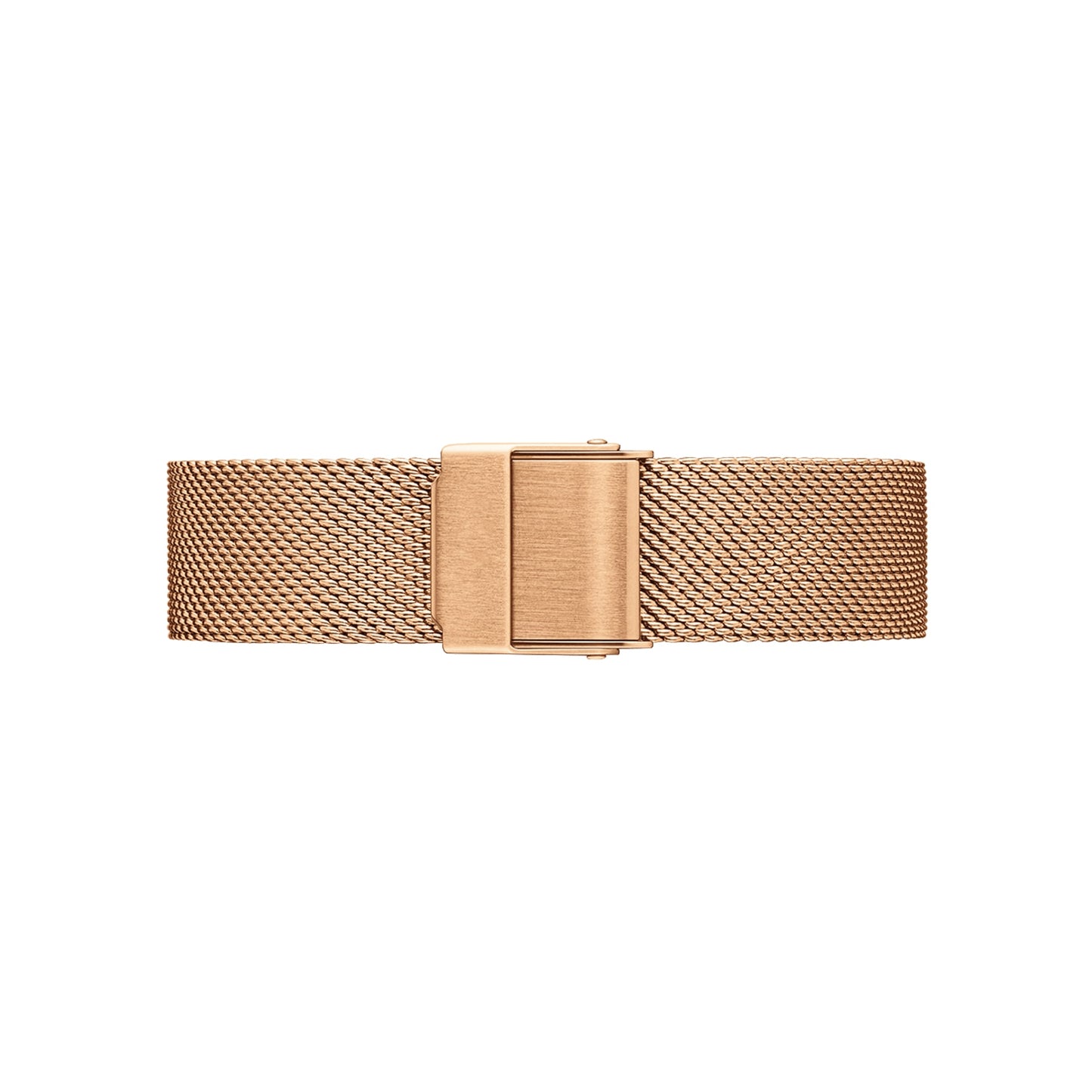 Elegant women's rose gold mesh watch strap by Alfred Sung showcases a timeless style, complete with a rectangular clasp and quick-release feature, shown on a white background. It's known as the Elegant Mesh Band with Quick Release.
