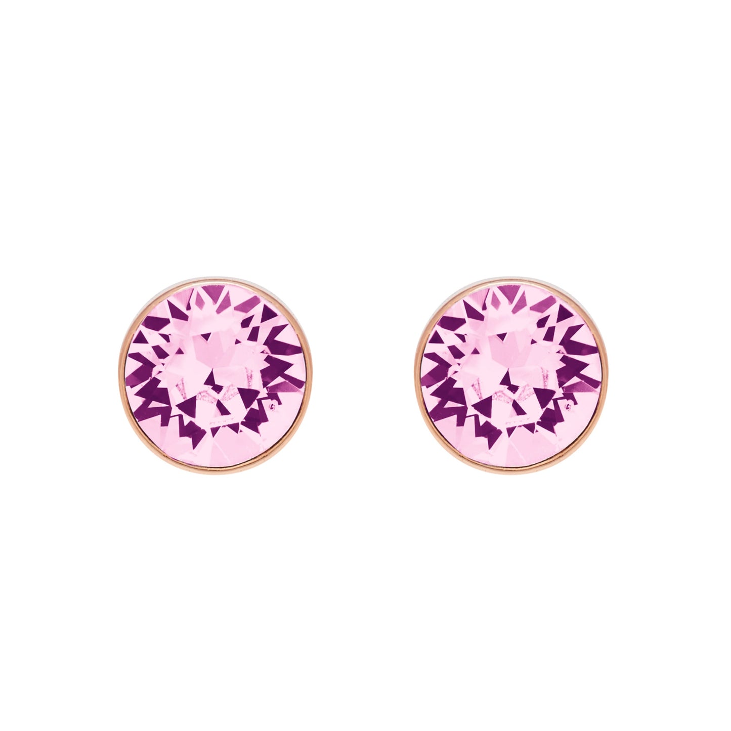 The Aura Stud Earrings With Crystals showcase pink and purple geometric designs, elegantly set in luxurious 18k gold and embellished with stunning Swarovski Crystals for an additional touch of elegance.