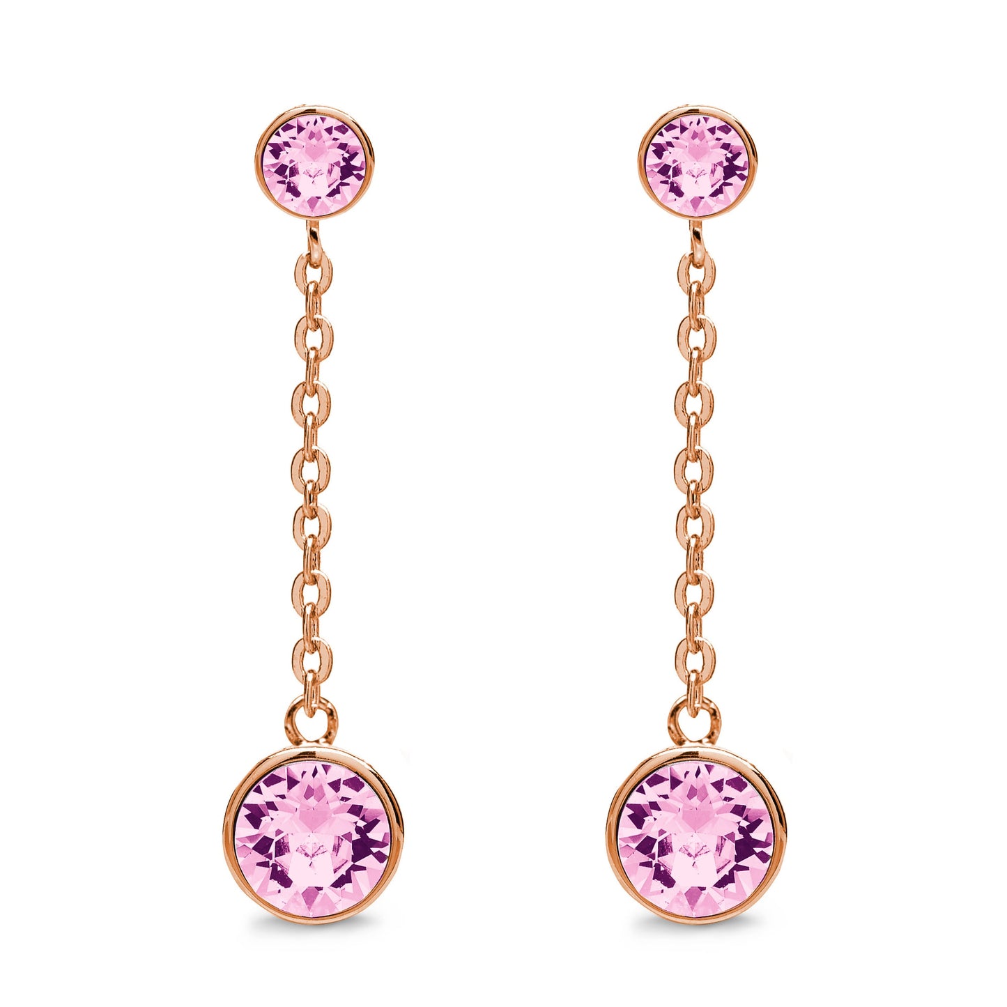The Drop and Dangle Earrings With Crystals by Aura boast 18k gold chains embellished with round pink gemstones and sparkling Swarovski crystals at both ends.