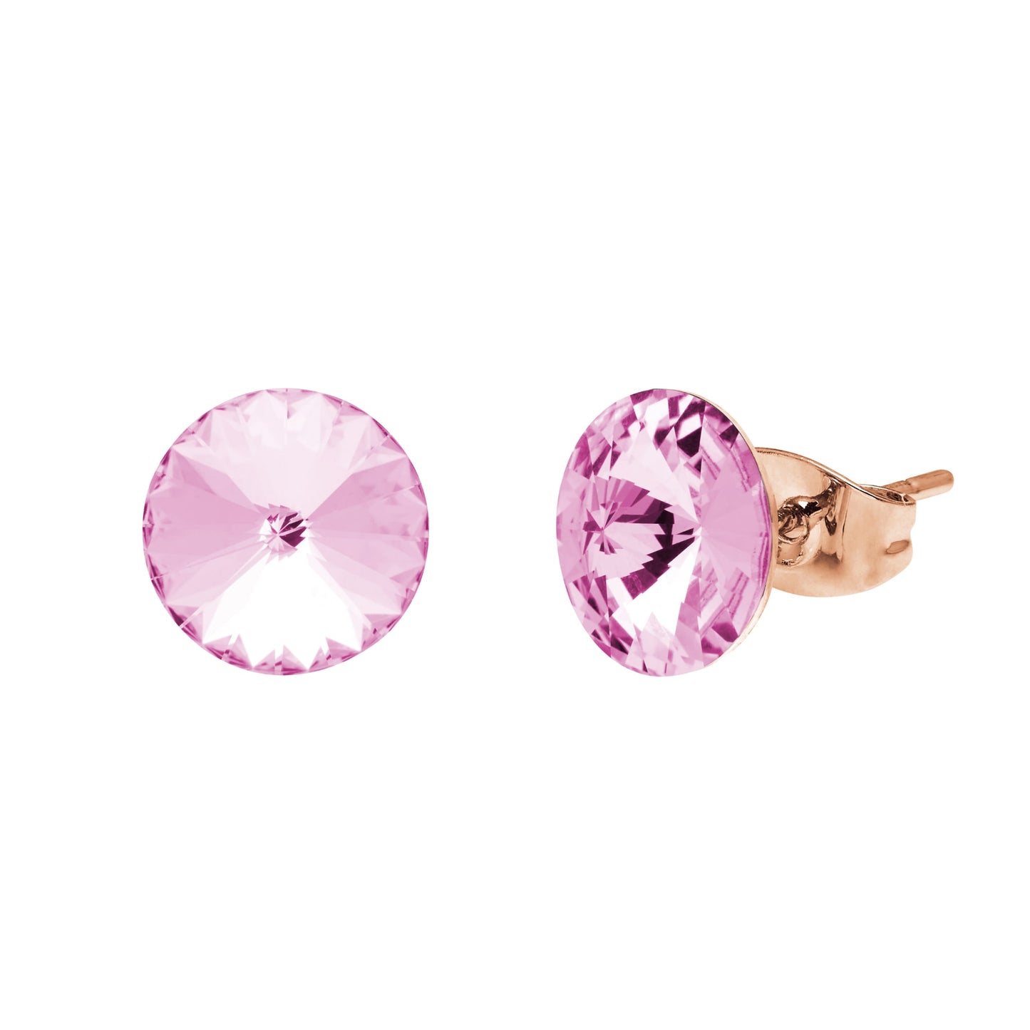 Introducing the Aura Stud Earrings With Crystals, designed with rose gold crystal studs featuring round pink gemstones set in 18k gold.