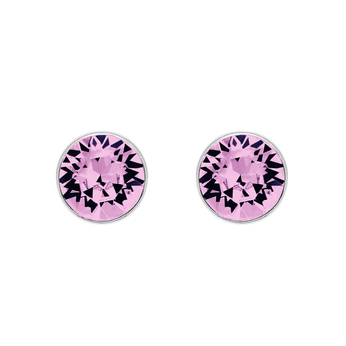 Two round, pink Aura Swarovski Crystals with intricate cut designs gleam on a white background, reminiscent of elegant Stud Earrings With Crystals.