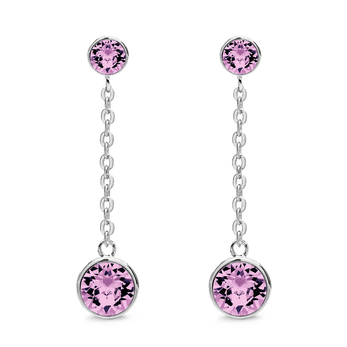 Aura's Drop and Dangle Earrings With Crystals showcase shimmering pink gemstones in a chain link design, beautifully enhanced with stunning Swarovski crystals for added brilliance.
