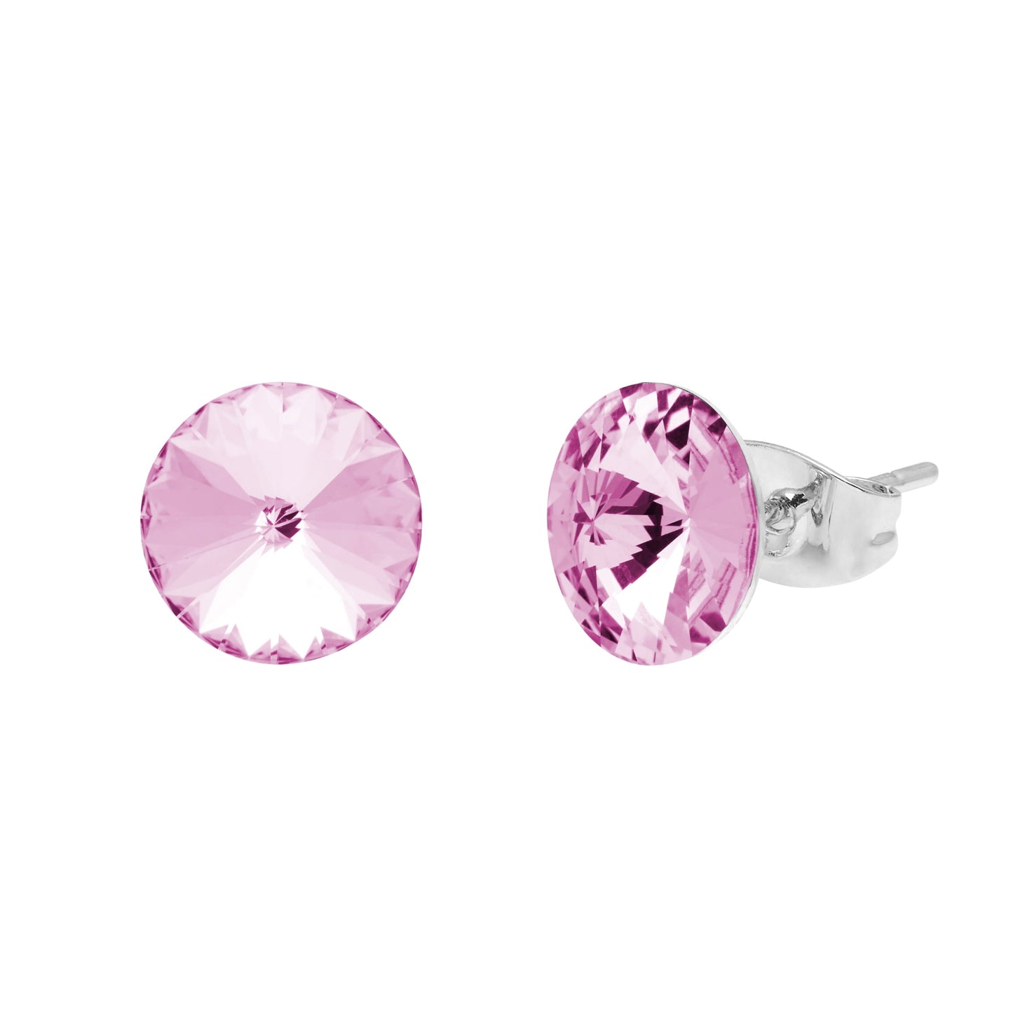 Two round stud earrings from Aura, featuring vibrant pink Swarovski Crystals and secure silver backs, are elegantly displayed on a white background.