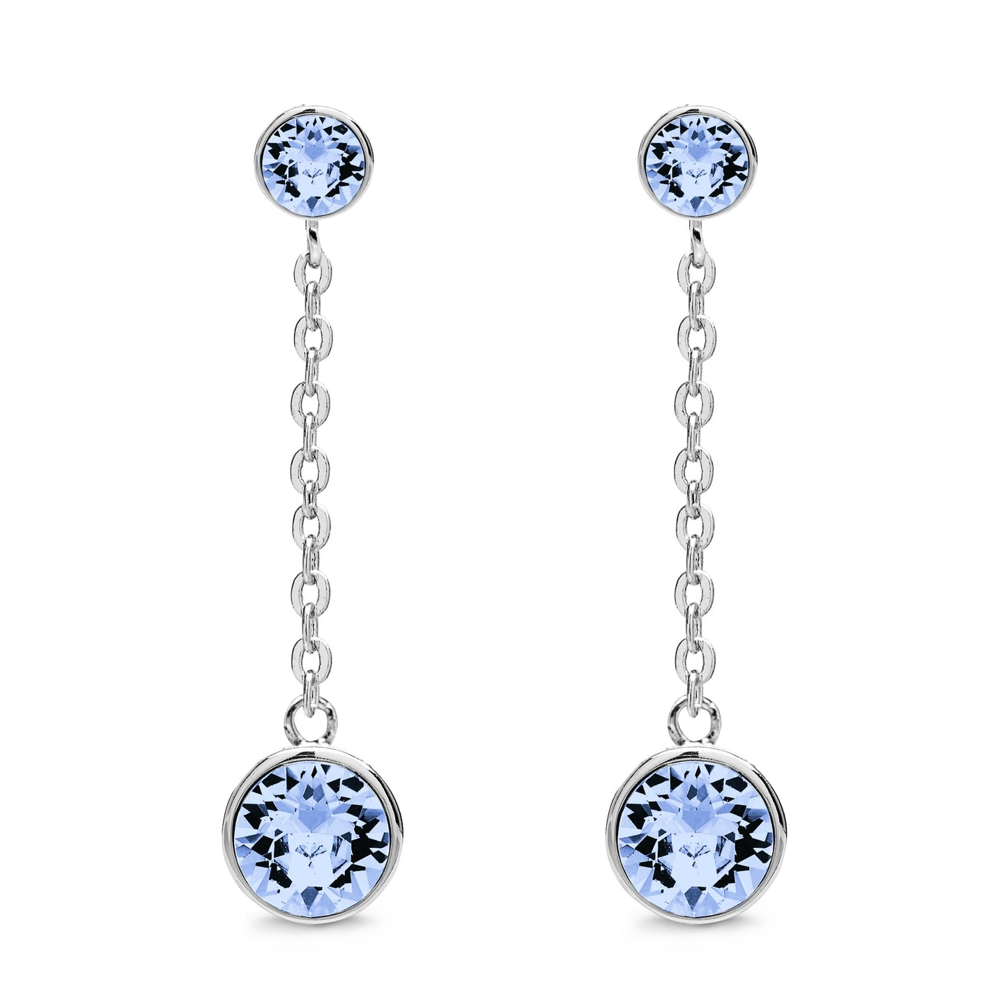 Introducing the Aura Drop and Dangle Earrings With Crystals, these stunning earrings showcase silver chains adorned with round blue gemstones and are beautifully enhanced by sparkling Swarovski Crystals at both ends.