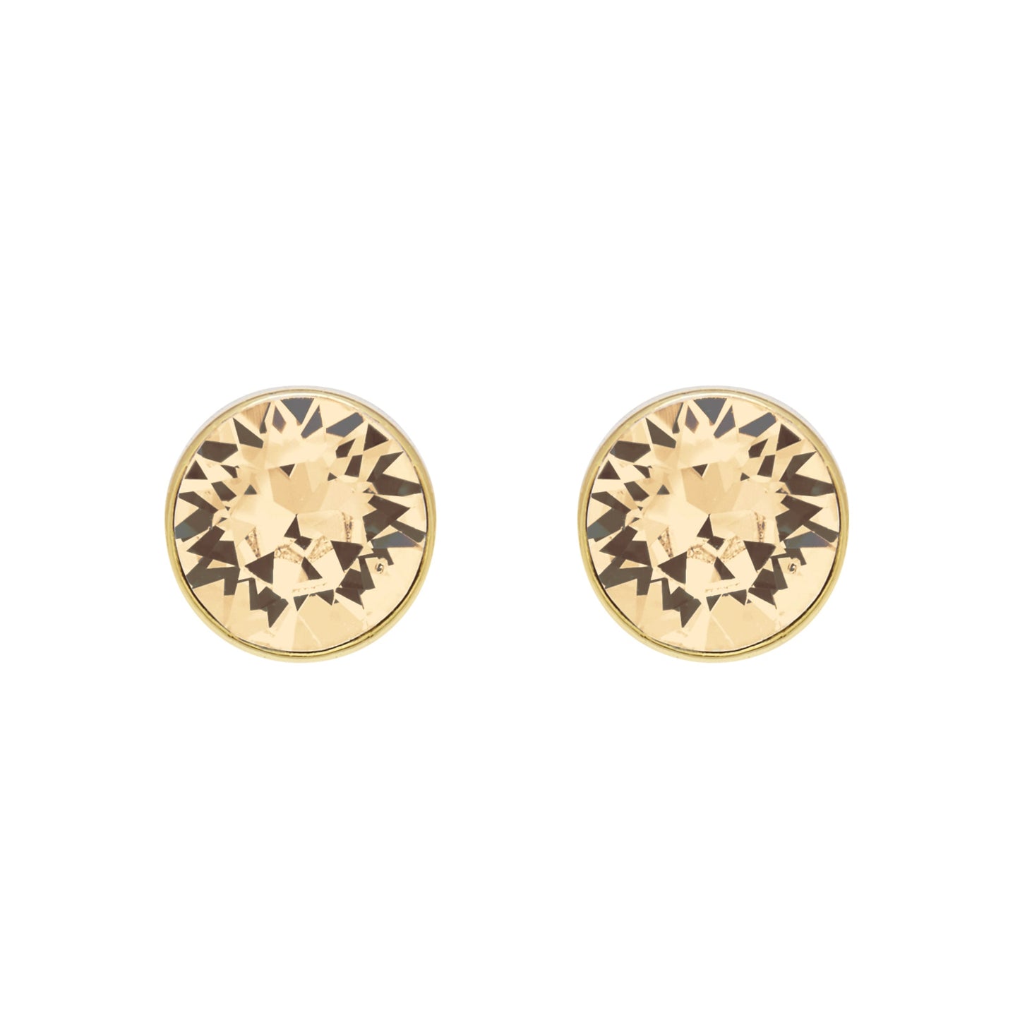 Aura's Stud Earrings With Crystals showcase a geometric starburst pattern, elegantly crafted with 18k gold on a white background.