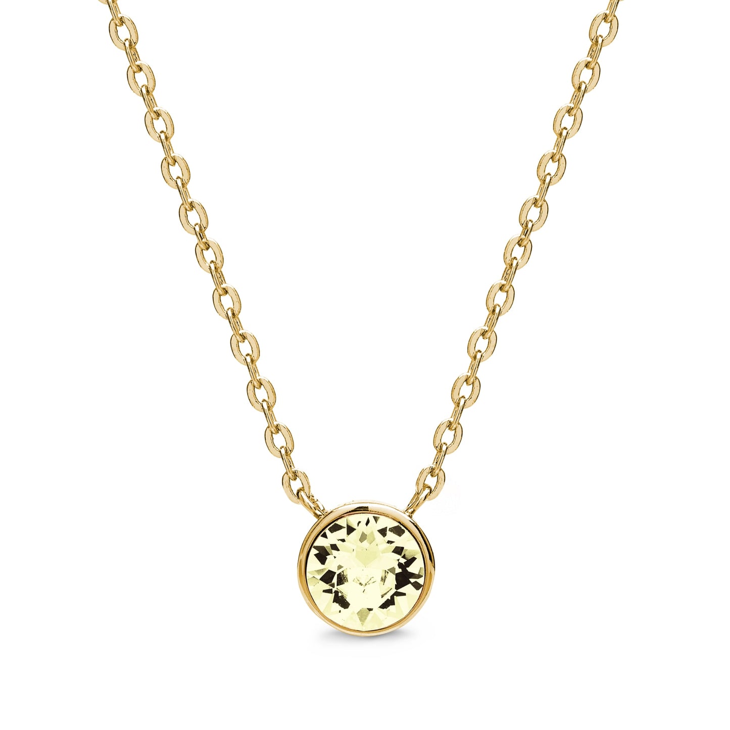 Pendant necklace from Aura showcasing a round yellow Swarovski Crystal set on an elegant 18k gold chain.