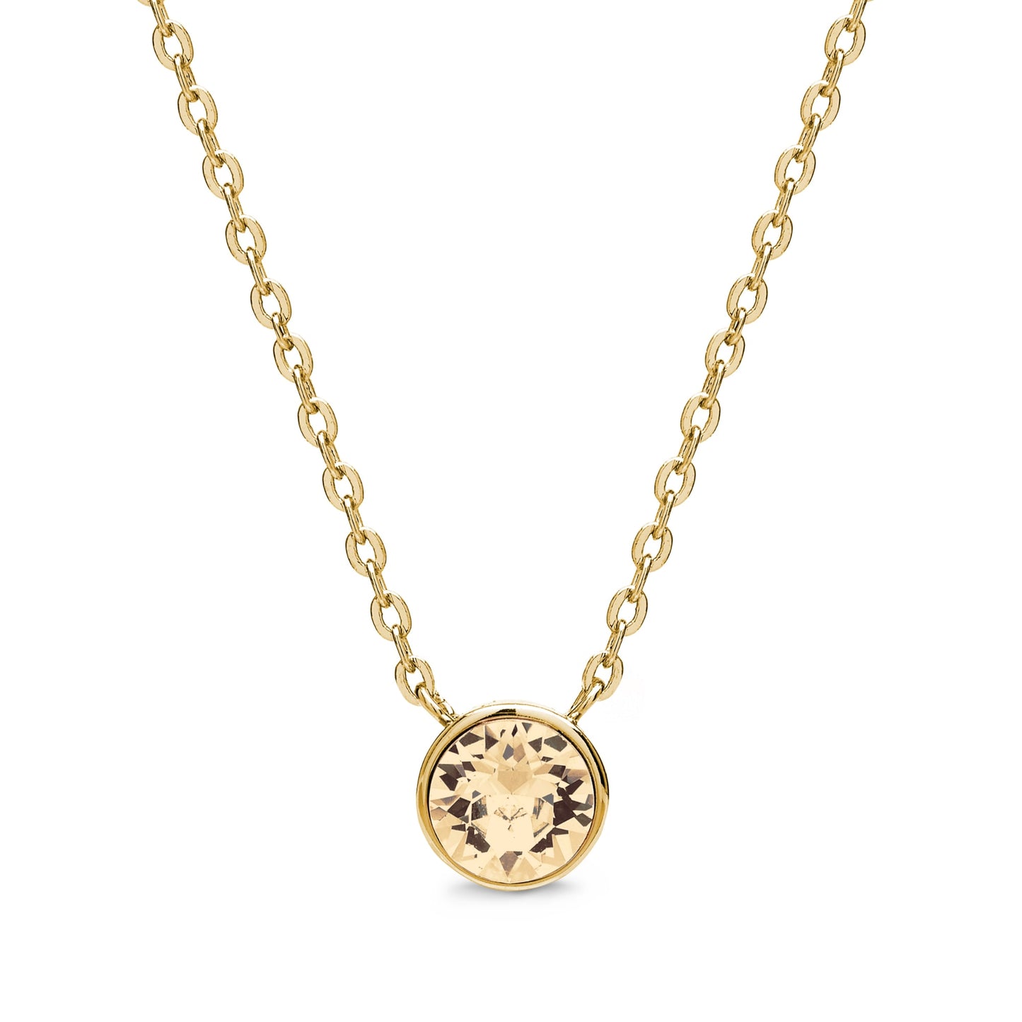 The Aura Pendant Necklace With Crystals is an elegant piece crafted from 18k gold, featuring a round, sparkling gemstone embellished with exquisite Swarovski Crystals.